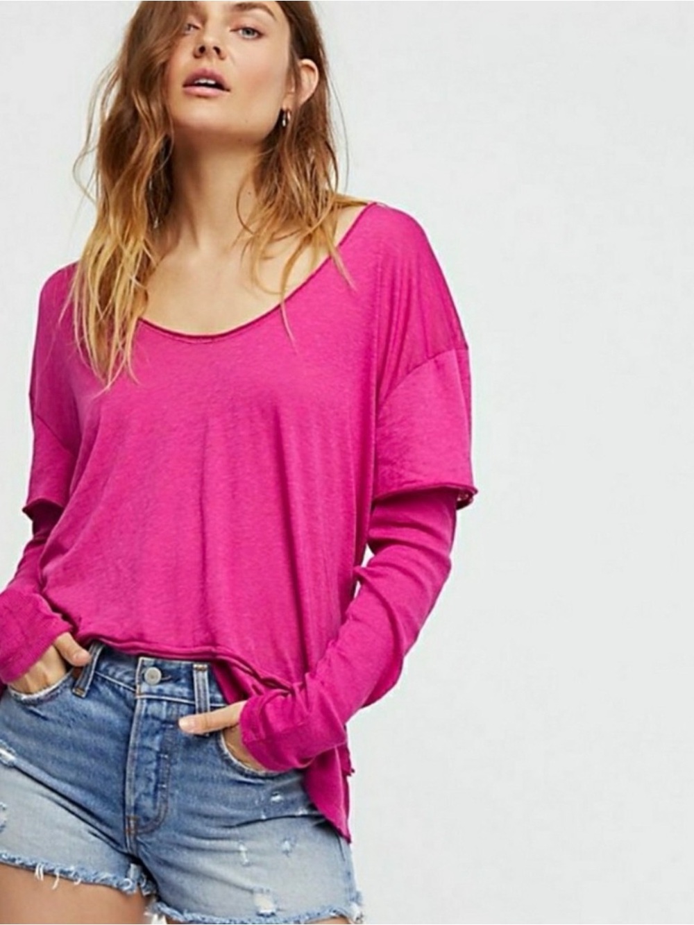Free People We the Free Hot Pink Oversized High Low Magic Tee Medium